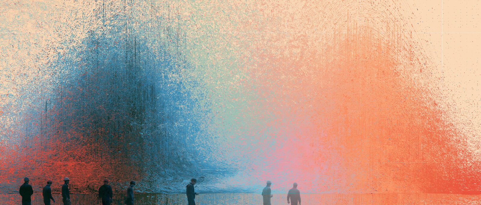 Small figures at the edge of an immense spray of blue and orange particles.