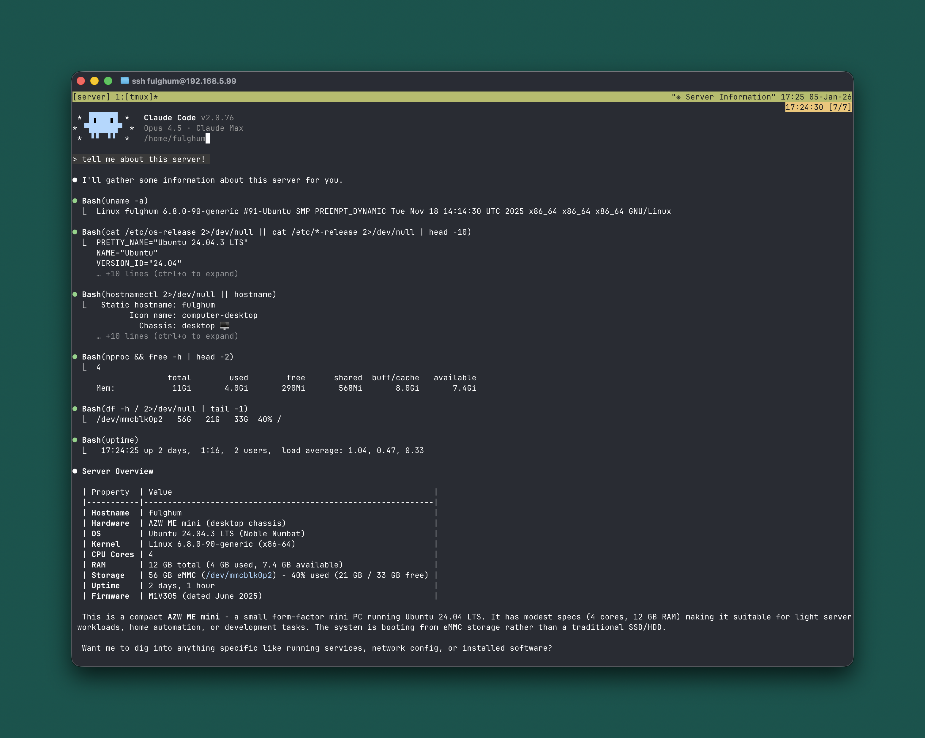 Claude Code running on the Linux server via SSH