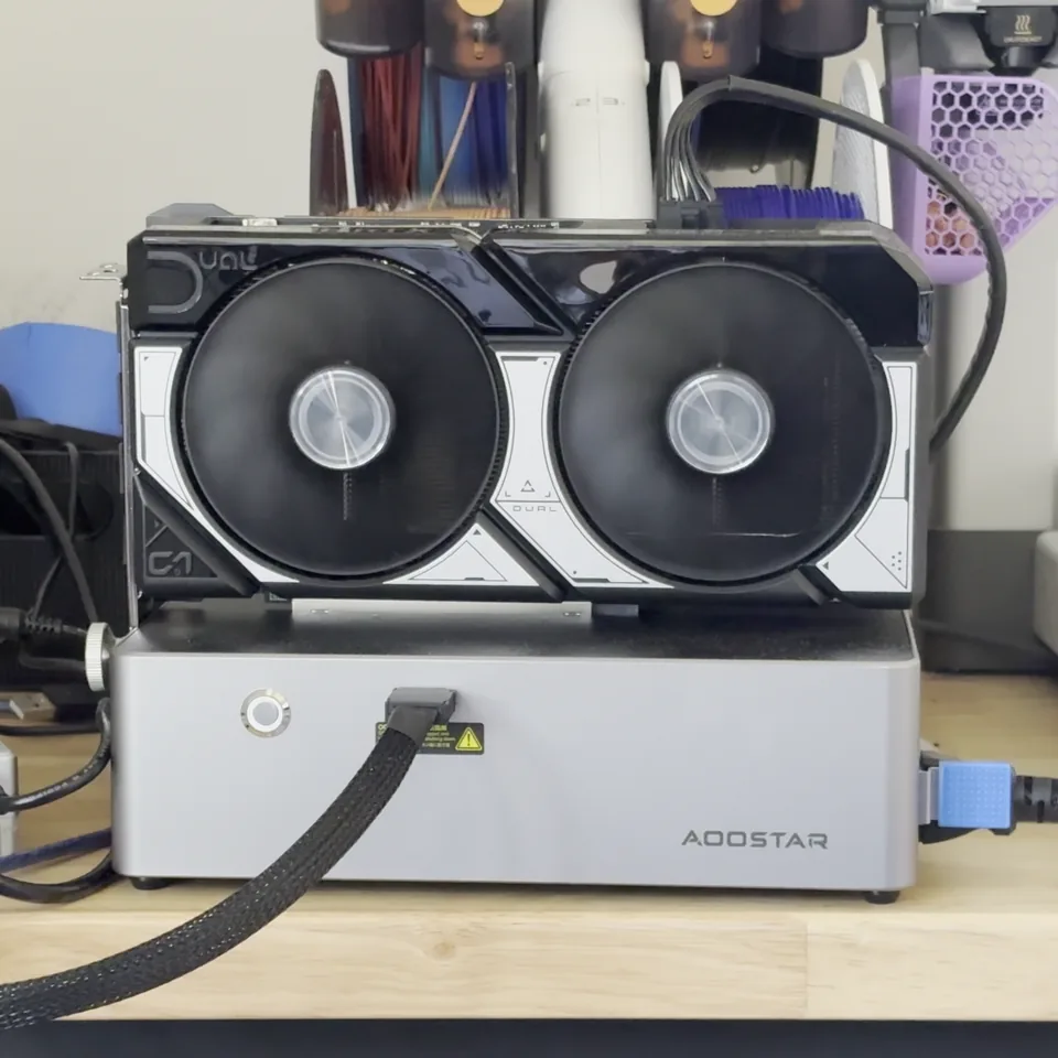 External GPU fans spinning in an AOOSTAR dock