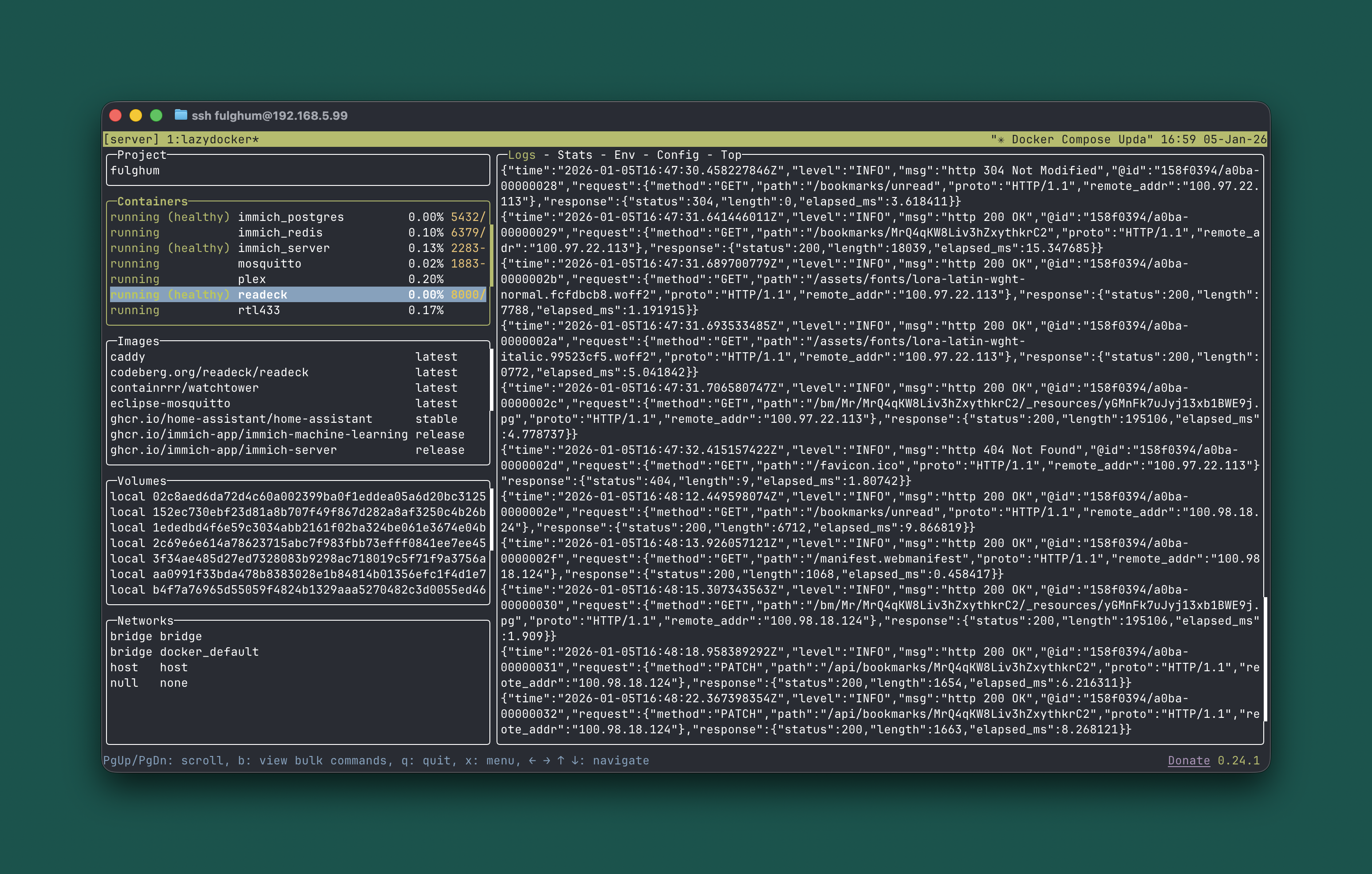 Lazydocker terminal UI showing running containers