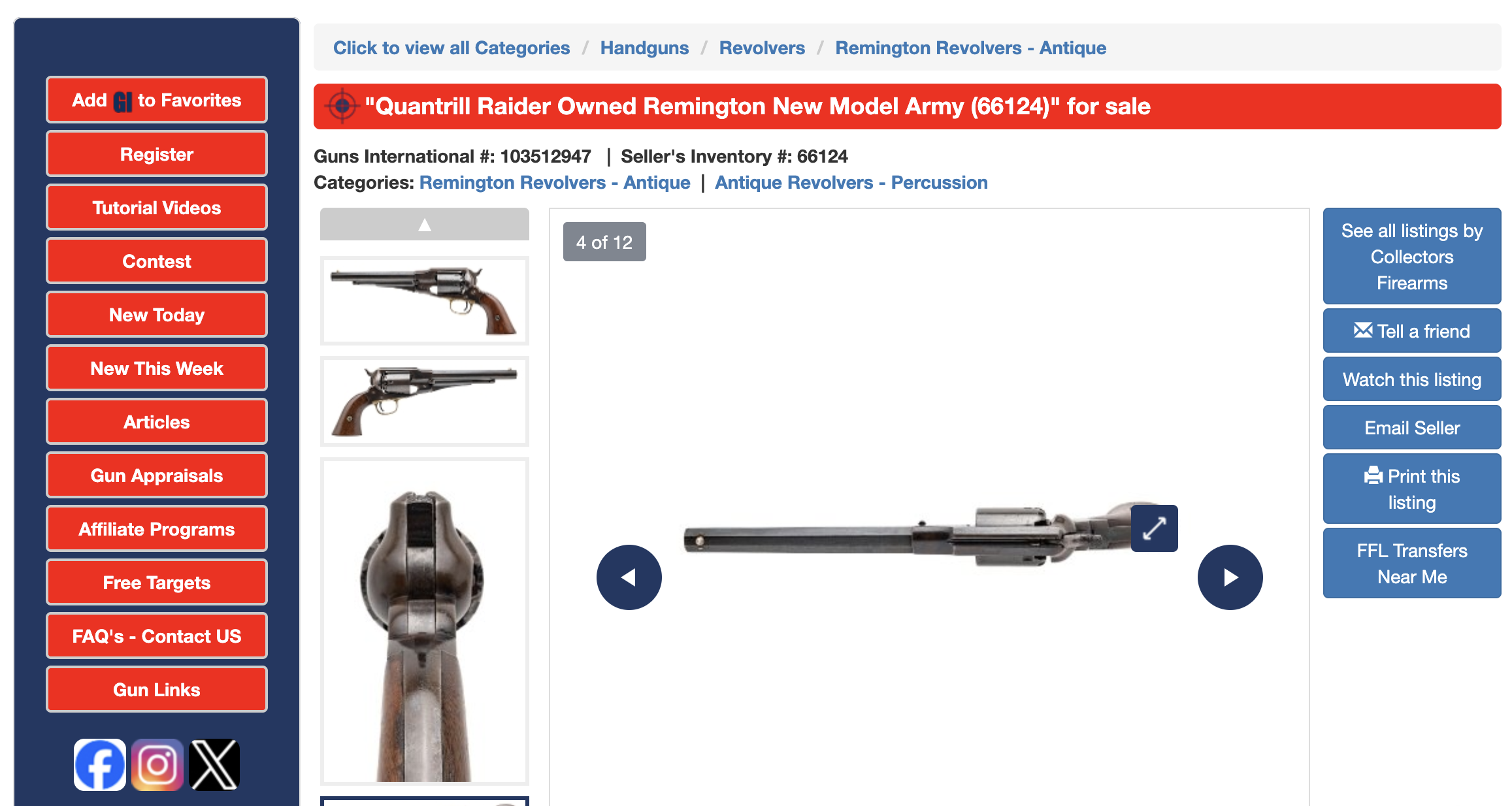 Quantrill raider Remington revolver auction listing