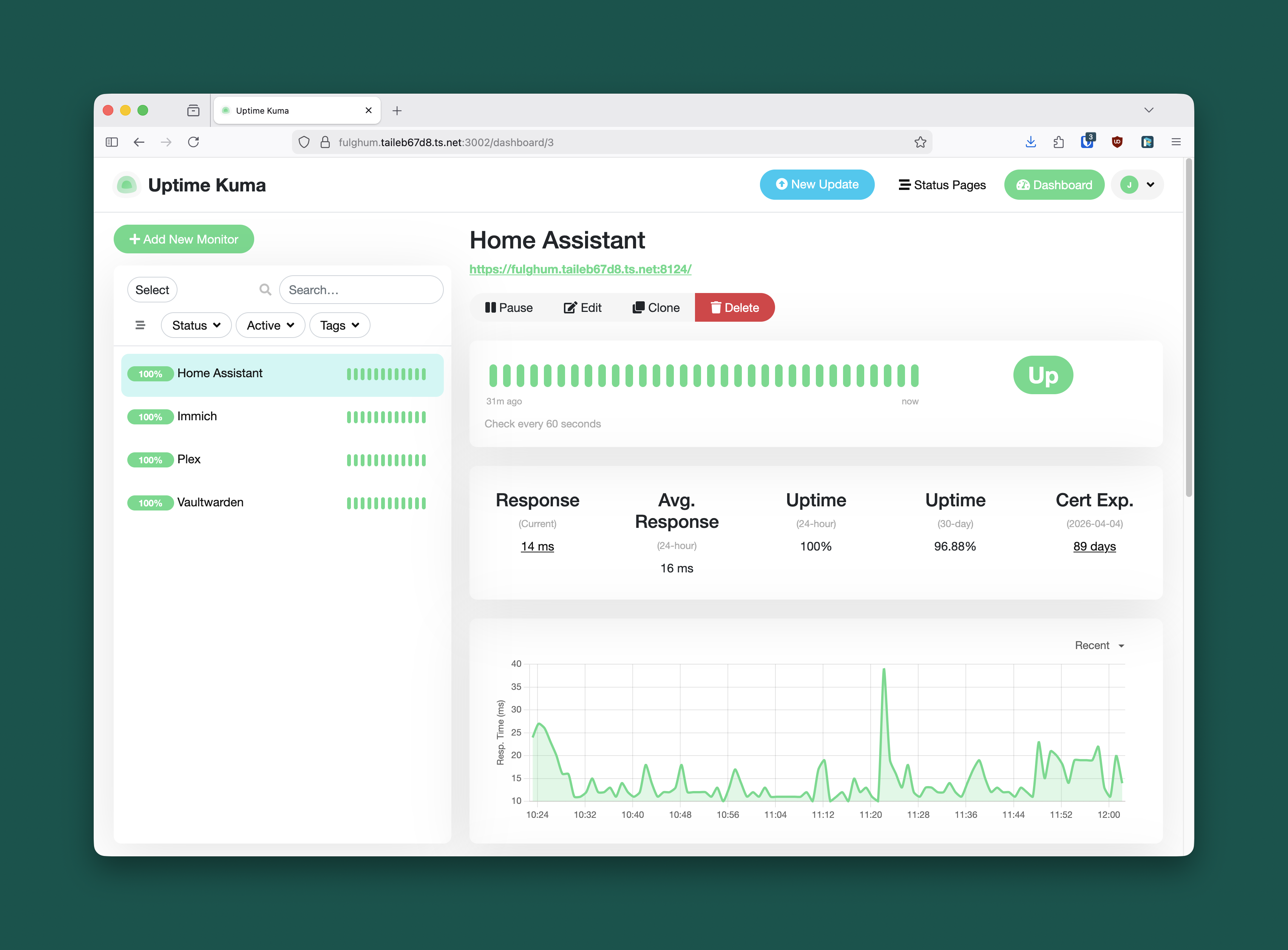 Uptime Kuma dashboard showing service monitoring