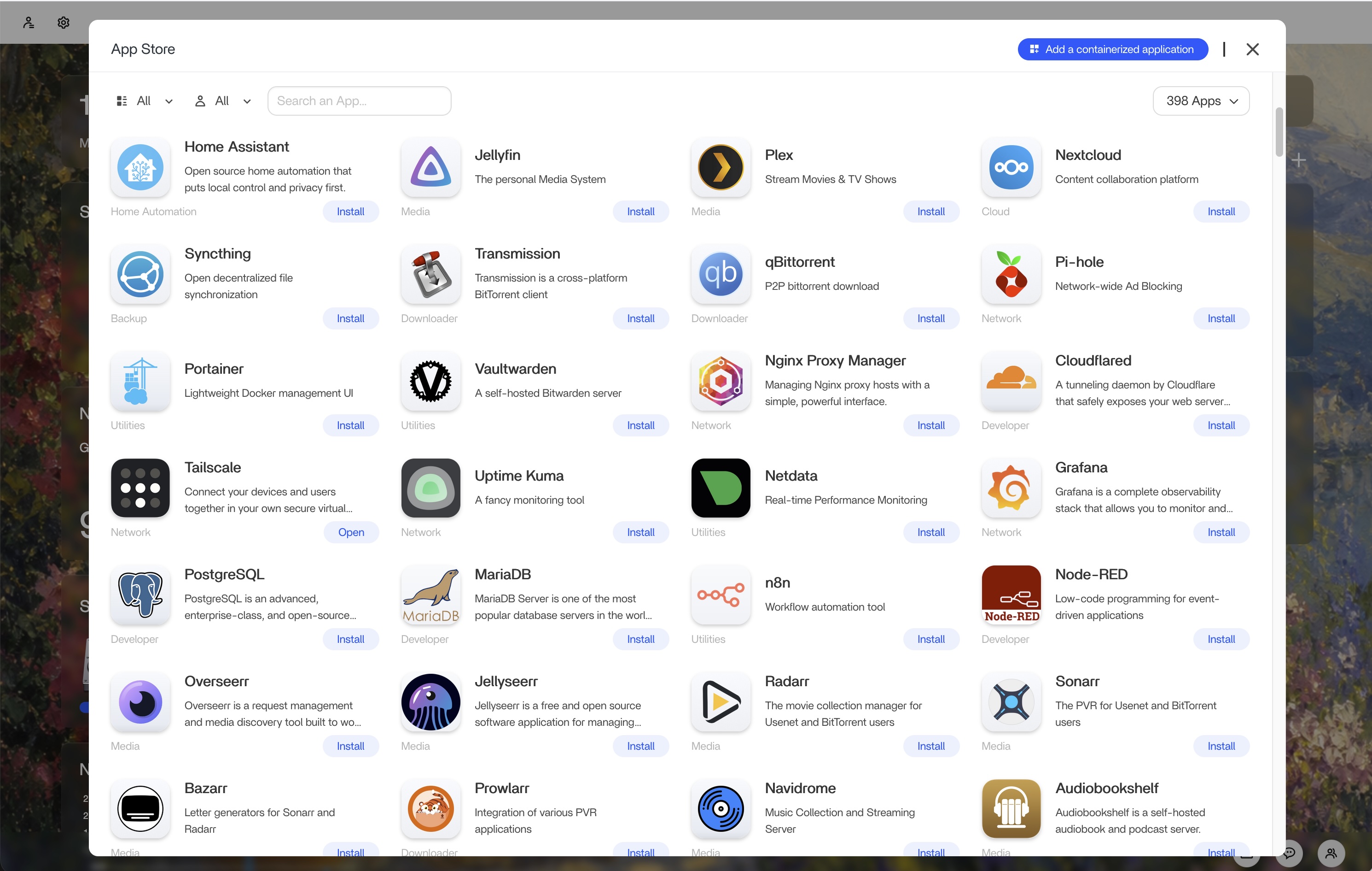 ZimaOS app store showing one-click installs for containerized apps like Home Assistant, Plex, Tailscale, Postgres, and Uptime Kuma