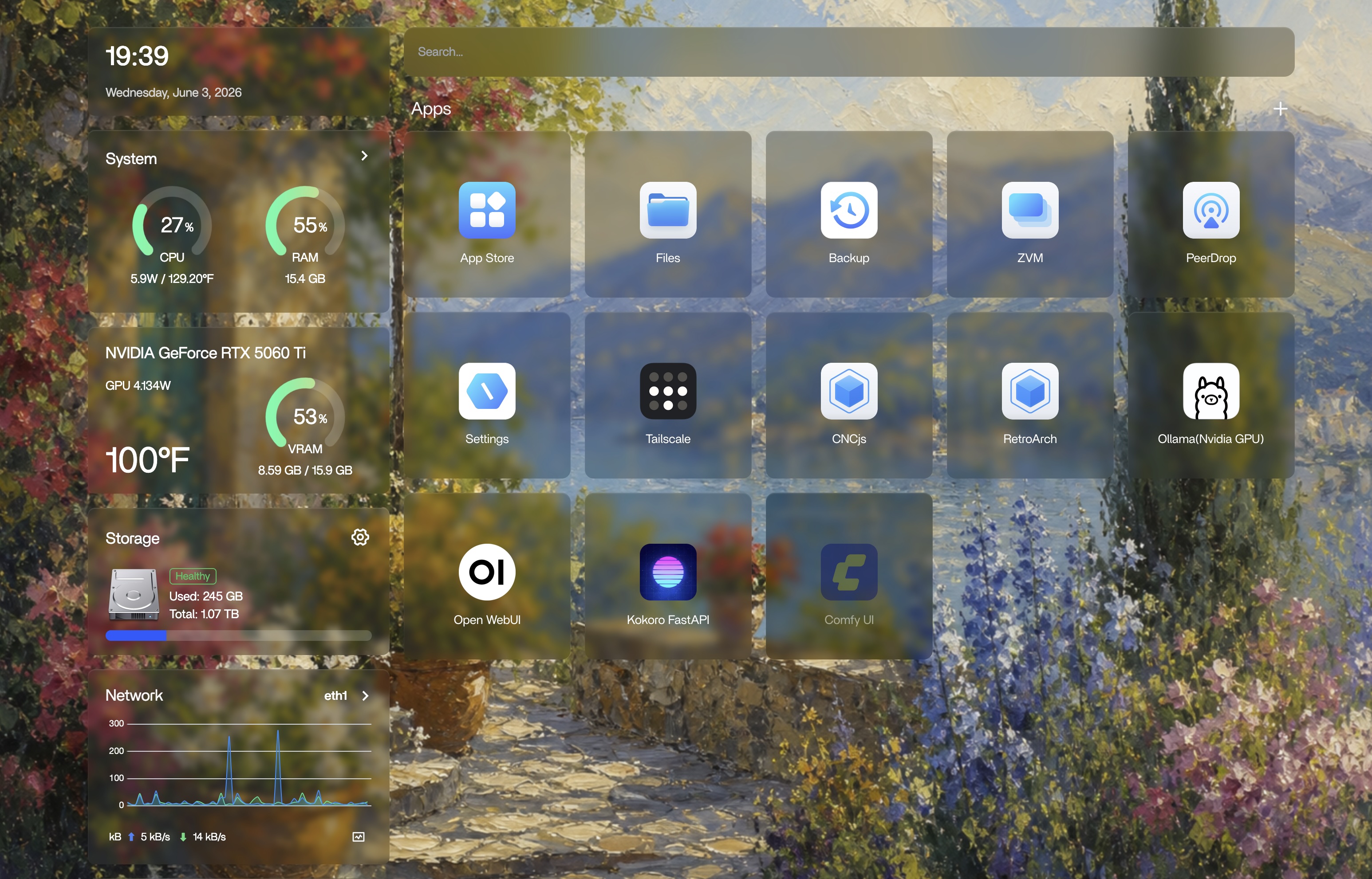 ZimaOS dashboard with Open WebUI, Tailscale, Ollama, GPU monitoring, and storage widgets
